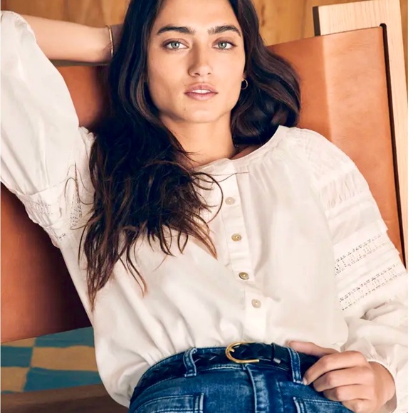 Faherty Tops - Faherty “Enna” Lace Inset White Open Stitch Organic Cotton Button-Down Top, XS
